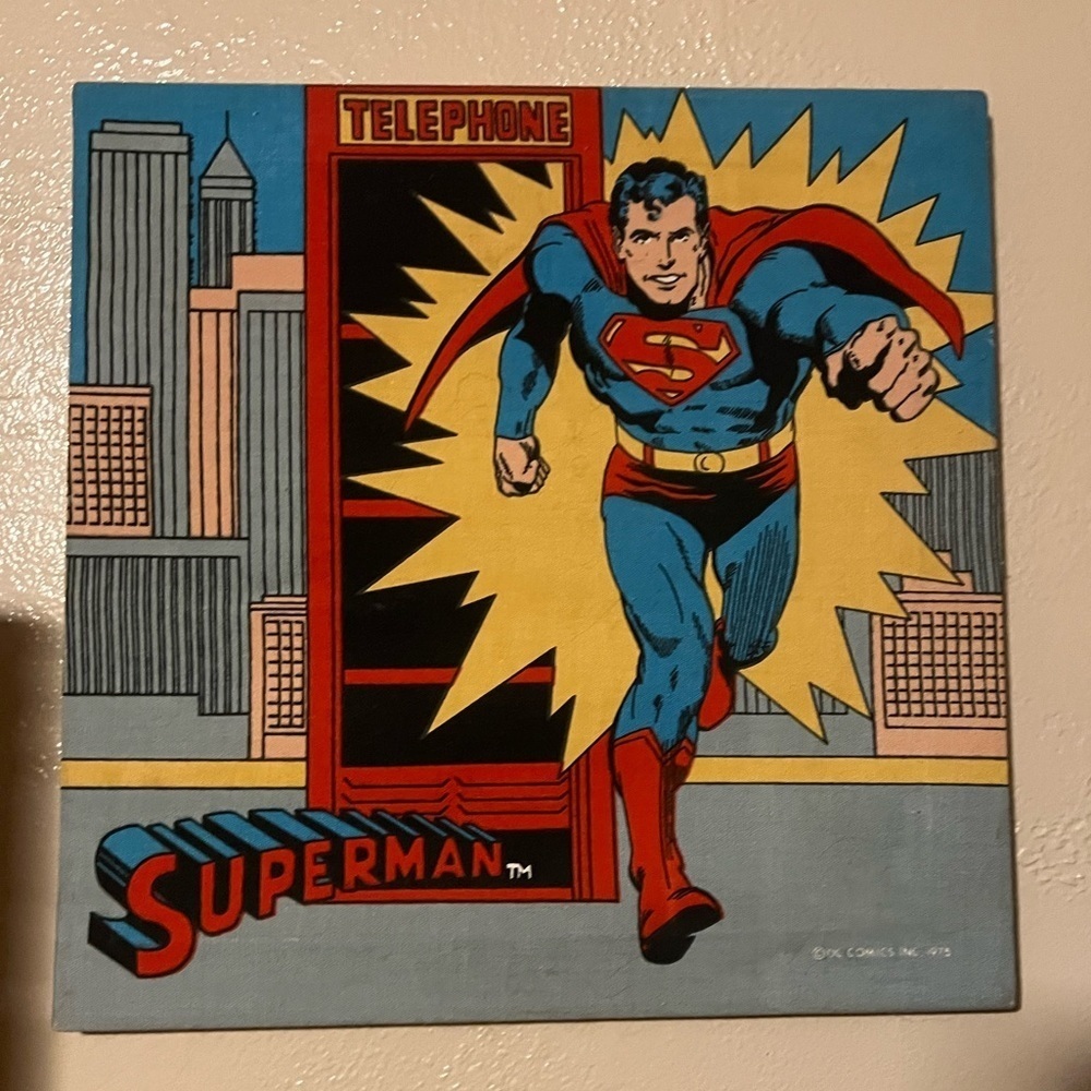 1975 Rare Vintage Superman DC Fabric Wall Hanging Comic Book Picture Red Yellow